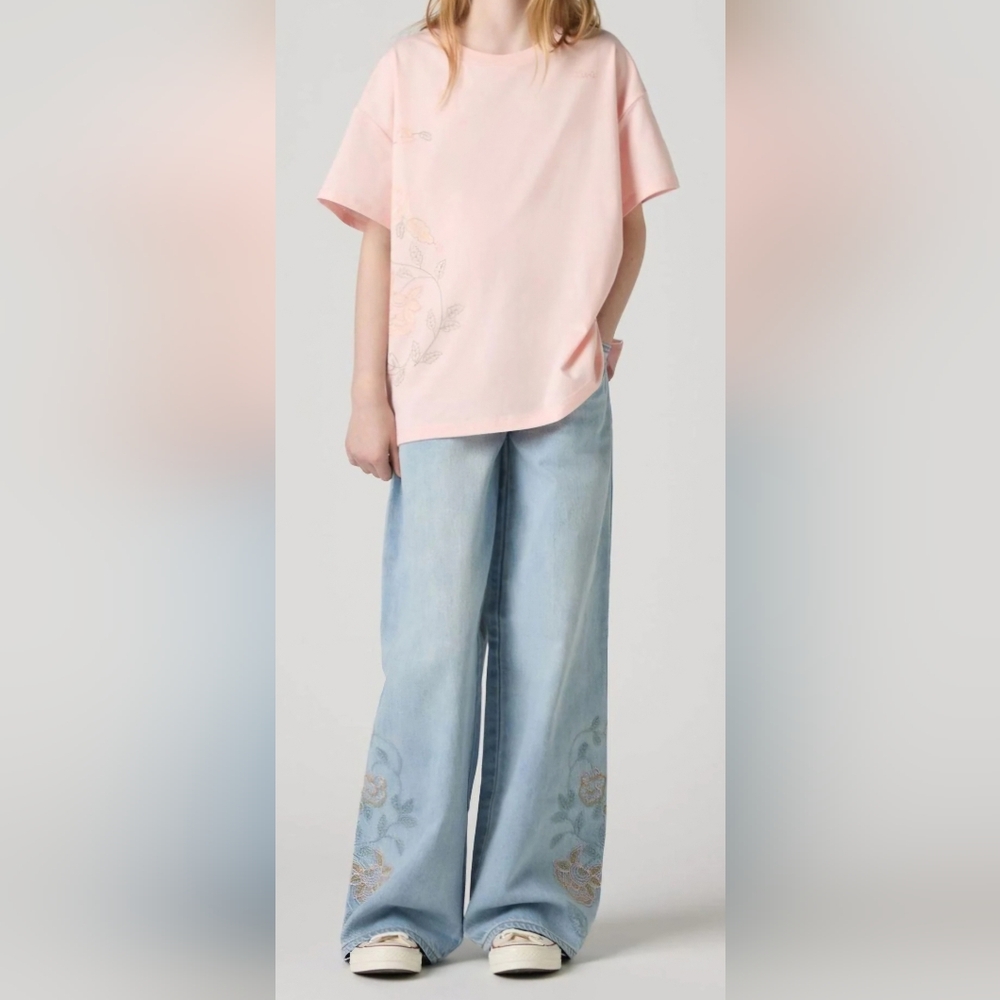 Levi's Beltless Embroidered Baggy Wide Leg 100% Cotton Jeans Size 14 Girls.